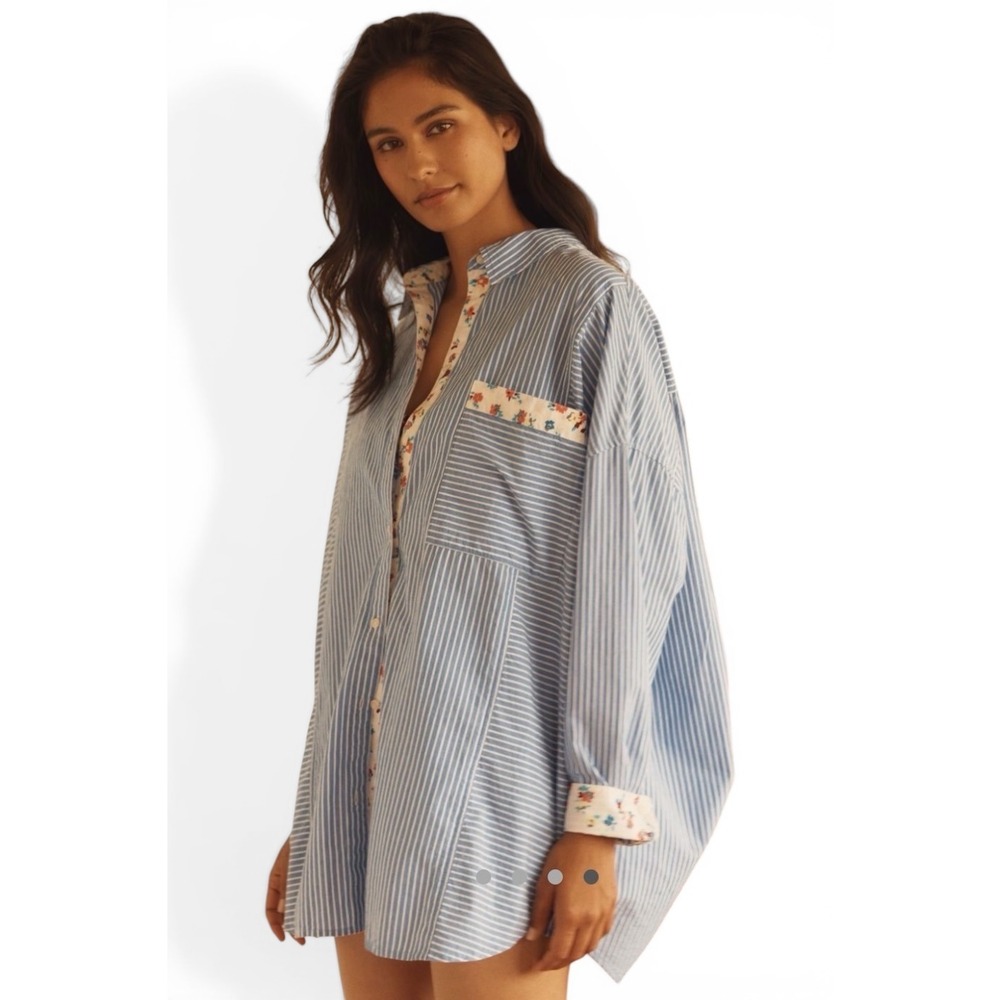 LyreBird Button Down Shirt Womens M Blue White Striped Floral Trim Oversized
